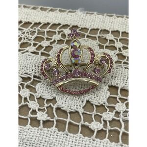 Pink Crystal Silver Tone Royal Crown Design Pin Brooch
